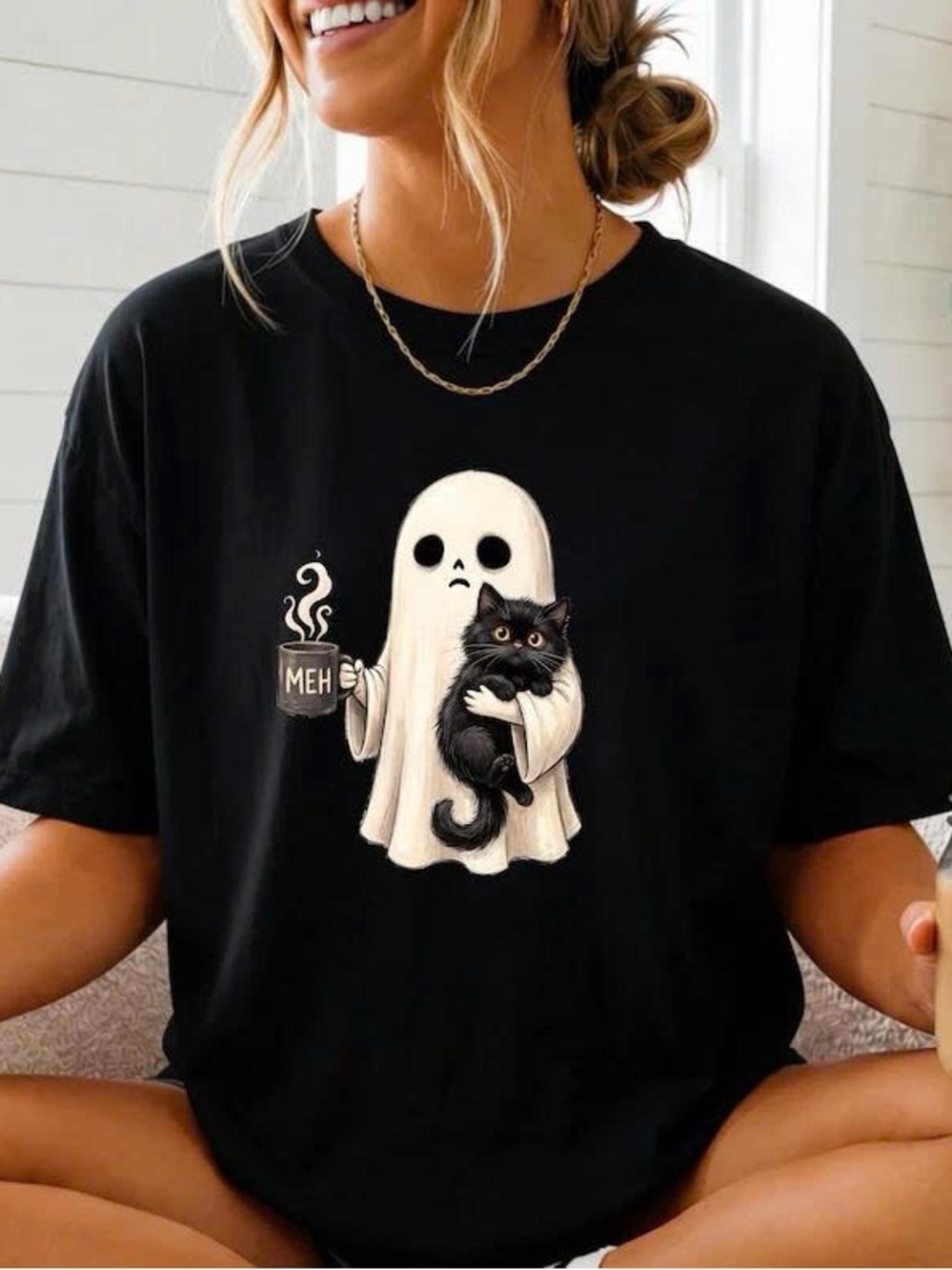 Ghost & Black Cat Graphic Tee - Black
